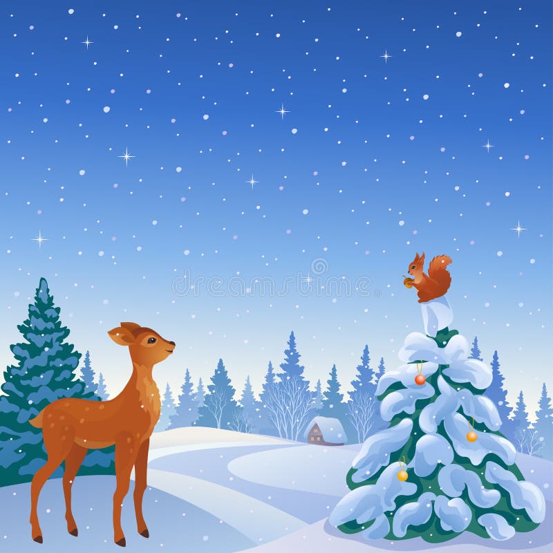 Vector illustration of a winter scene with cute animals in a forest. Vector illustration of a winter scene with cute animals in a forest