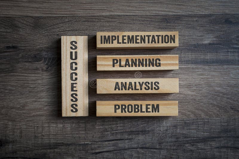 Wooden pieces with Success, Implementation, Planning, Analysis and Problem on wooden background. Wooden pieces with Success, Implementation, Planning, Analysis and Problem on wooden background