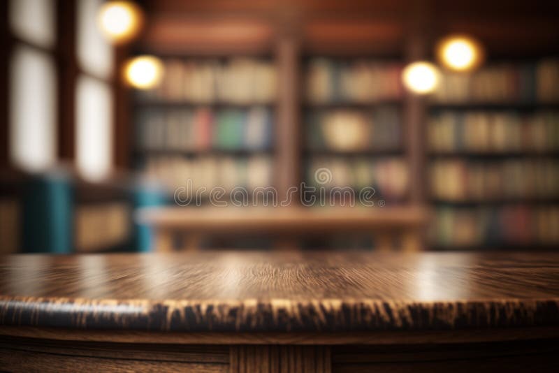 Wooden table in front of library background. High quality photo. Wooden table in front of library background. High quality photo