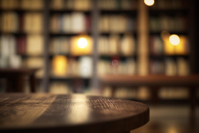 Wooden table in front of library background. High quality photo. Wooden table in front of library background. High quality photo