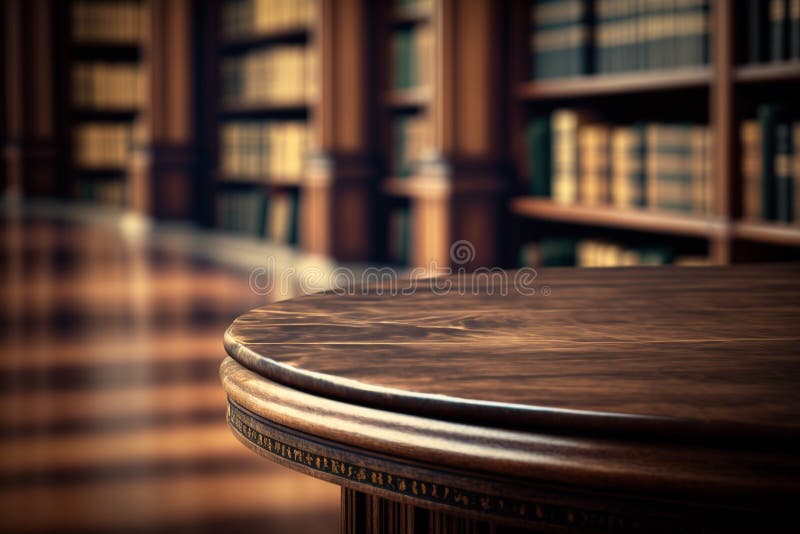Wooden table in front of library background. High quality photo. Wooden table in front of library background. High quality photo