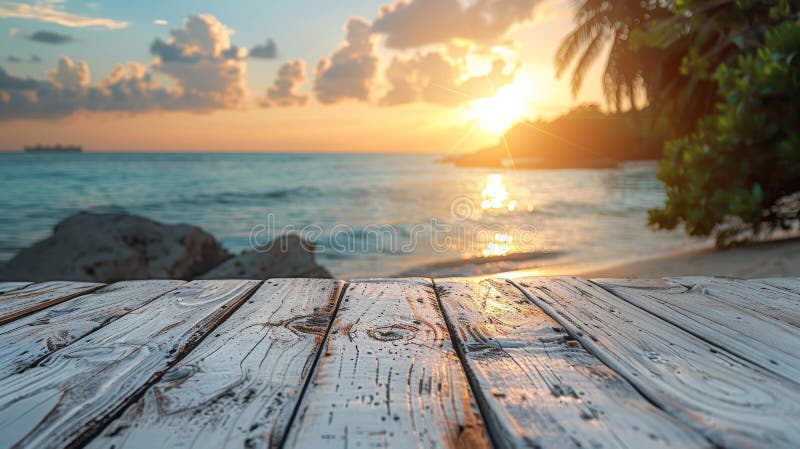A wooden table positioned by the edge of the ocean, offering a direct view of the vast sea and horizon. AI Generative AI generated. A wooden table positioned by the edge of the ocean, offering a direct view of the vast sea and horizon. AI Generative AI generated
