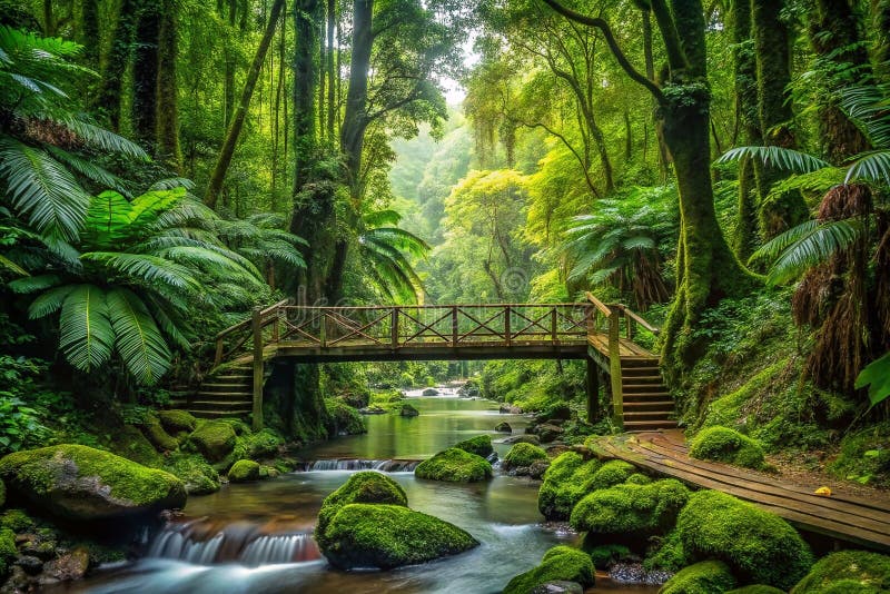Träbrygga i Lush Rinforest bridge misty valley tranquil scen stock illustrationer