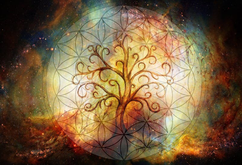 Träd av livsymbolet och blomma av liv- och utrymmebakgrund, yggdrasil