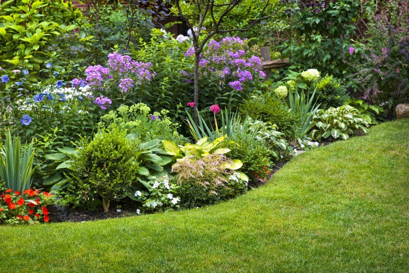 Lush landscaped garden with flowerbed and colorful plants. Lush landscaped garden with flowerbed and colorful plants