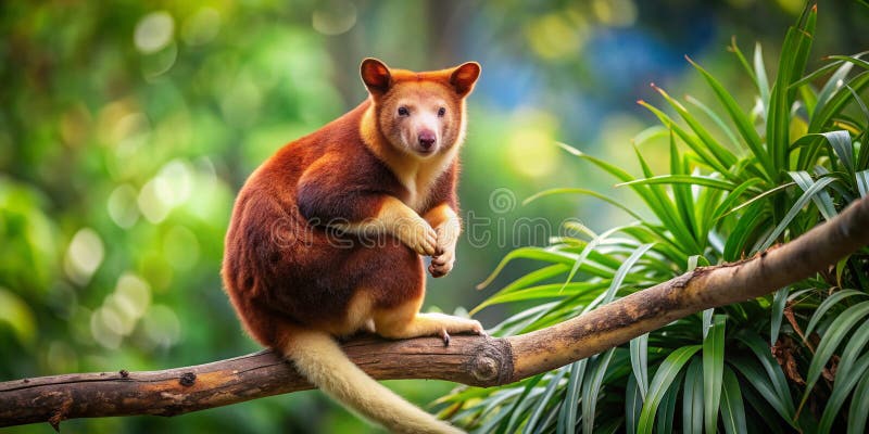 Trädkängaroo majestic tree Kangaroo peruon lush tree grenkreativa ai stock illustrationer