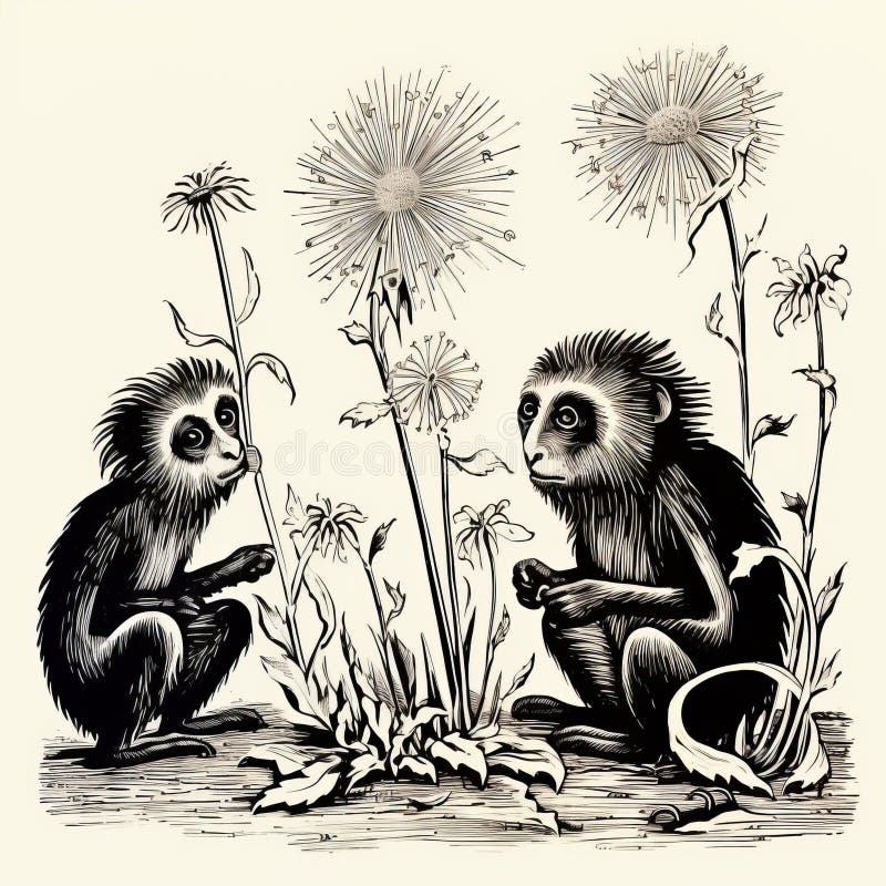 Trägravskonst : två apor leker med dandelioner i surrealistisk stil stock illustrationer
