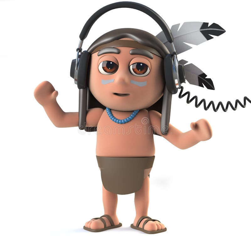 3d render of a funny cartoon Native American Indian character wearing a pair of heaphones to listen to music. 3d render of a funny cartoon Native American Indian character wearing a pair of heaphones to listen to music.