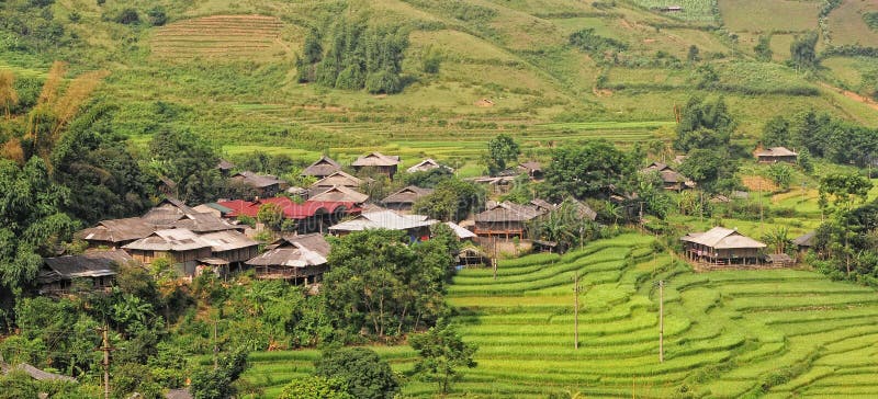 Trähus med den terrasserade risfältet i Dien Bien, nordliga Vietnam fotografering för bildbyråer Trähus med den terrasserade risfältet i Dien Bien, nordliga Vietnam fotografering för bildbyråer