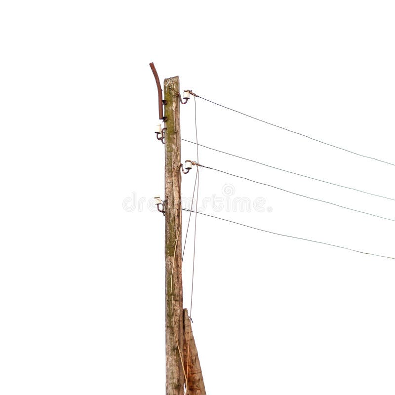 Wooden pole with electrical wires. Isolated on white background. Wooden pole with electrical wires. Isolated on white background