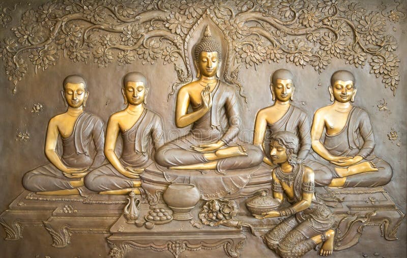 Träsnida för Buddha Vägg- målningar berättar berättelsen om historien för Buddha` s royaltyfri bild Träsnida för Buddha Vägg- målningar berättar berättelsen om historien för Buddha` s royaltyfri bild