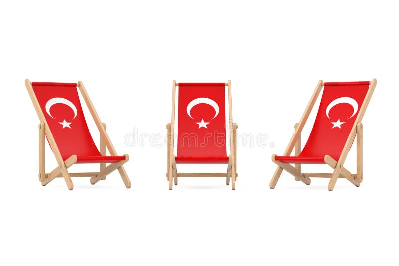 Trästrandstol med turkisk flaggadesign framförande 3d royaltyfri illustrationer Trästrandstol med turkisk flaggadesign framförande 3d royaltyfri illustrationer