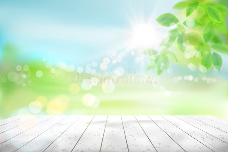 Trätabell i en grön trädgård mot bakgrund field blåa oklarheter för grön vitt wispy natursky för gräs också vektor för coreldrawi stock illustrationer Trätabell i en grön trädgård mot bakgrund field blåa oklarheter för grön vitt wispy natursky för gräs också vektor för coreldrawi stock illustrationer