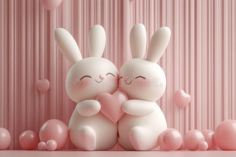 Trådlös 3D-render av två Bunnies Hugger ett hjärta som omges av rosa ballonger stock illustrationer