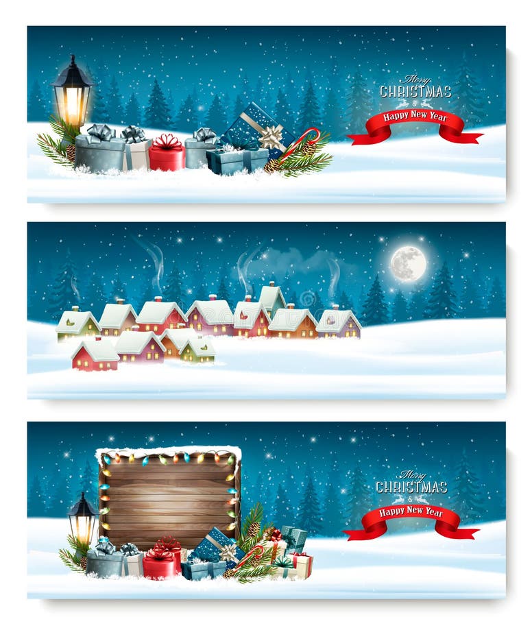 Três bandeiras do Natal do feriado com uma vila do inverno