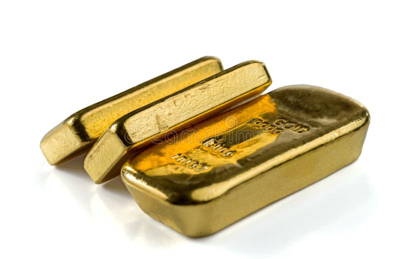 Três barras de ouro moldadas, o formulário típico do lingote de ouro do lingote