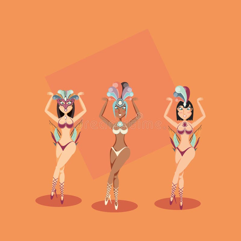 Três caráteres das mulheres no carnaval exótico do vestido ilustração do vetor Três caráteres das mulheres no carnaval exótico do vestido ilustração do vetor
