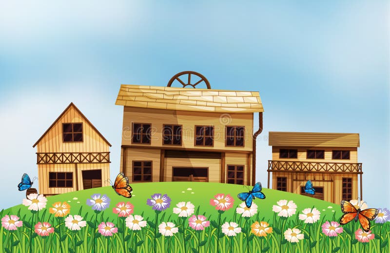 Três casas de madeira diferentes no monte ilustração stock Três casas de madeira diferentes no monte ilustração stock