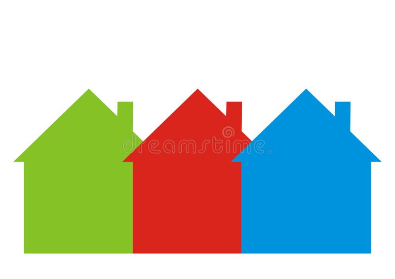 Três casas diferentemente coloridas