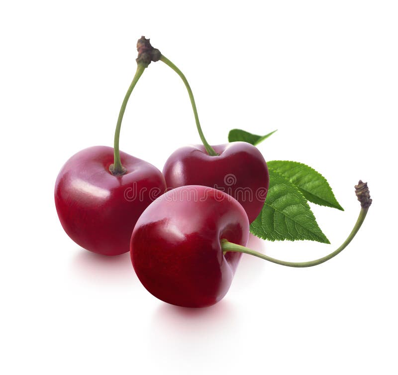 Três cerejas e folhas no fundo branco imagens de stock Três cerejas e folhas no fundo branco imagens de stock
