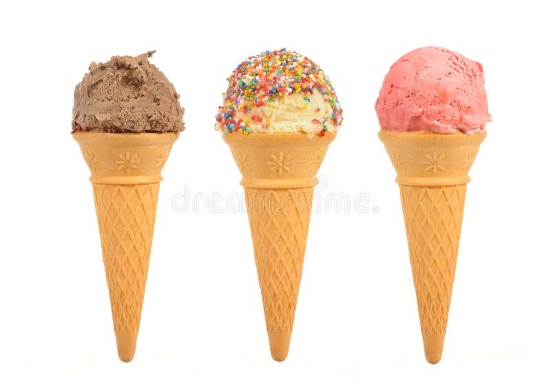 Três cones de gelado isolados sobre fundo branco imagens de stock royalty free