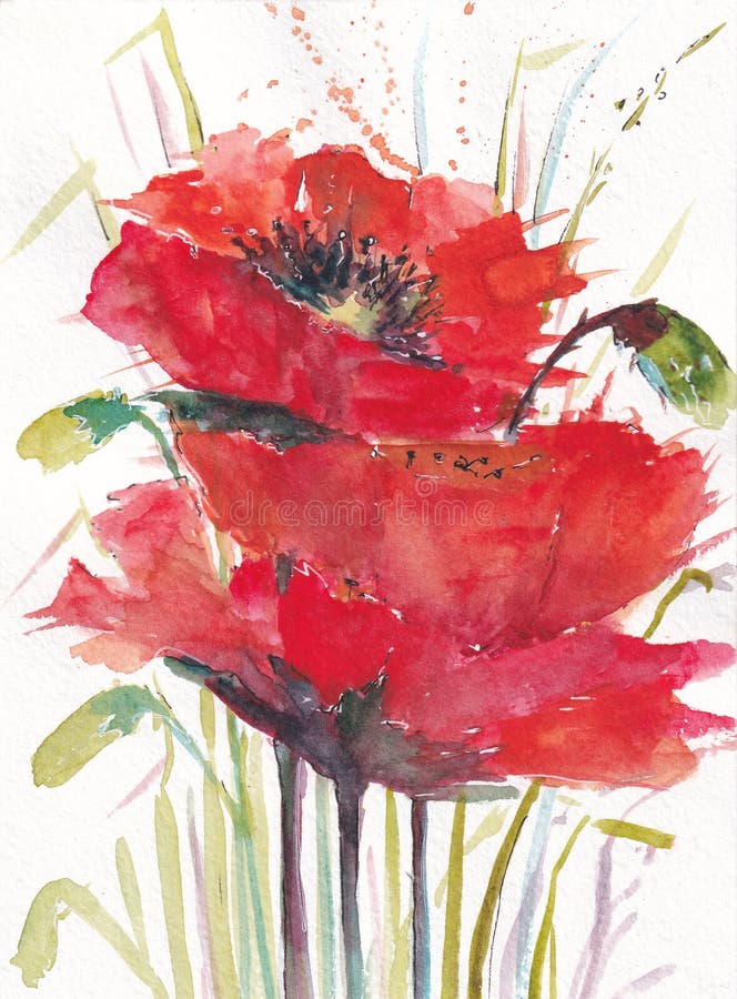 Three flowers, red bright poppies. Expression, paint splashes. Hand drawn watercolor illustration. Image for greeting card, calendar. Add your text. Three flowers, red bright poppies. Expression, paint splashes. Hand drawn watercolor illustration. Image for greeting card, calendar. Add your text