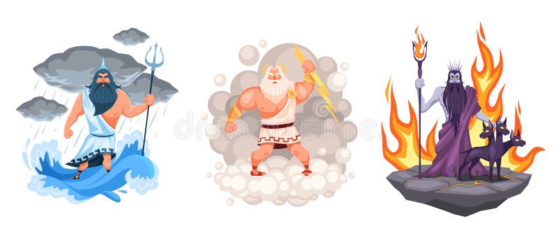Três grandes deuses gregos. desenho animado zeus poseidon e elementos hades cercavam nuvens de ondas e ambiente de fogo antigo