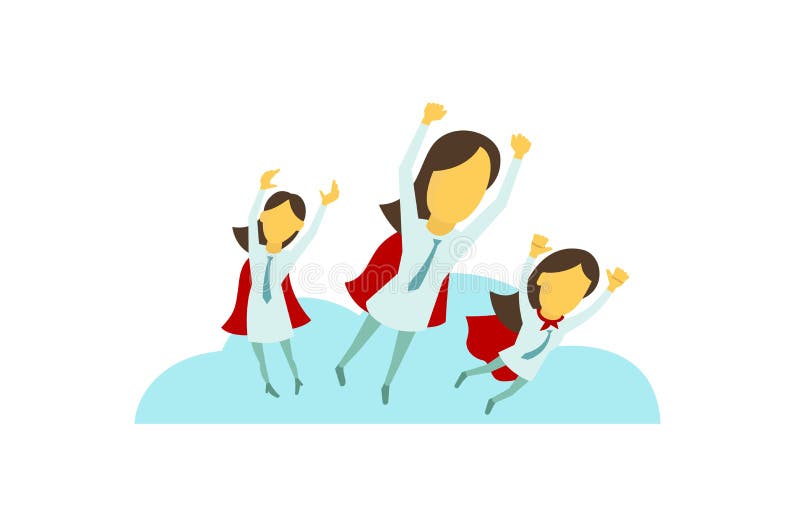 Três meninas da senhora do negócio do super-herói estão voando sobre a cidade com mão acima Sucesso e vitória No laço e no casaco ilustração stock Três meninas da senhora do negócio do super-herói estão voando sobre a cidade com mão acima Sucesso e vitória No laço e no casaco ilustração stock