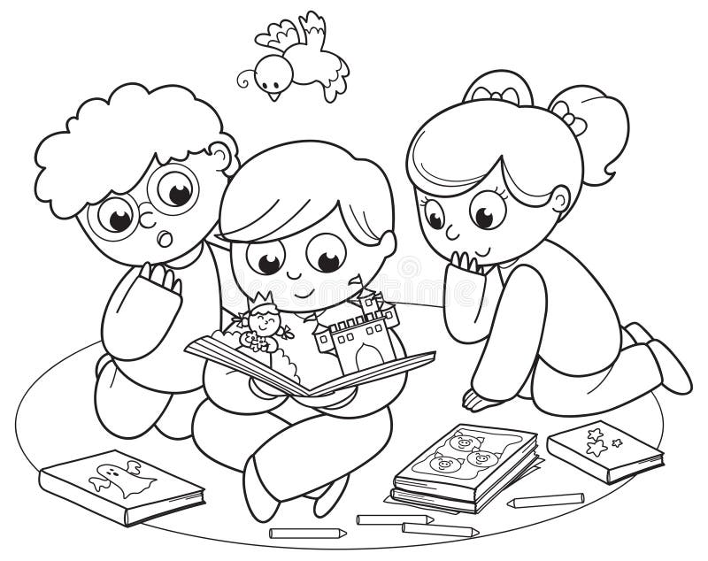 Três miúdos que lêem um livro pop-up ilustração do vetor Três miúdos que lêem um livro pop-up ilustração do vetor