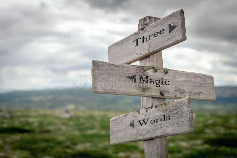 Três palavras mágicas texto gravado em poste de madeira antigo ao ar livre na natureza
