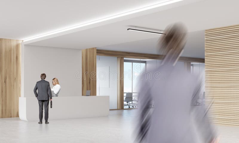 Rear view of two businessmen. One is entering the floor. The second is talking to reception girl. 3d rendering. Mock up. Rear view of two businessmen. One is entering the floor. The second is talking to reception girl. 3d rendering. Mock up