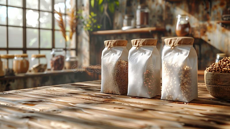 Three bags of cereal are placed on a rustic wooden table, adding charm to the room decor. The hardwood table complements the mason jar centerpiece and vintage barrel nearby AI generated. Three bags of cereal are placed on a rustic wooden table, adding charm to the room decor. The hardwood table complements the mason jar centerpiece and vintage barrel nearby AI generated