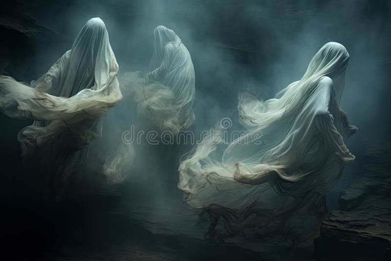 Three ethereal beings ghosts with white flowing robes move through a dark and foggy space. Generative AI. AI generated. Three ethereal beings ghosts with white flowing robes move through a dark and foggy space. Generative AI. AI generated