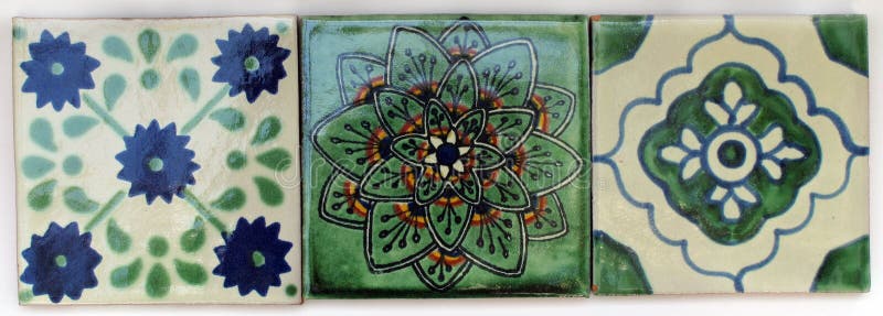 Talavera style ceramic Mexican tiles in a row. Talavera style ceramic Mexican tiles in a row