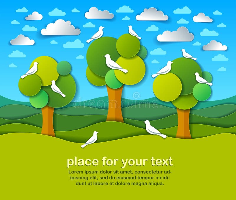 Três árvores com os pássaros dos desenhos animados cênicos da paisagem da natureza do campo no vetor moderno do corte do papel do ilustração stock Três árvores com os pássaros dos desenhos animados cênicos da paisagem da natureza do campo no vetor moderno do corte do papel do ilustração stock