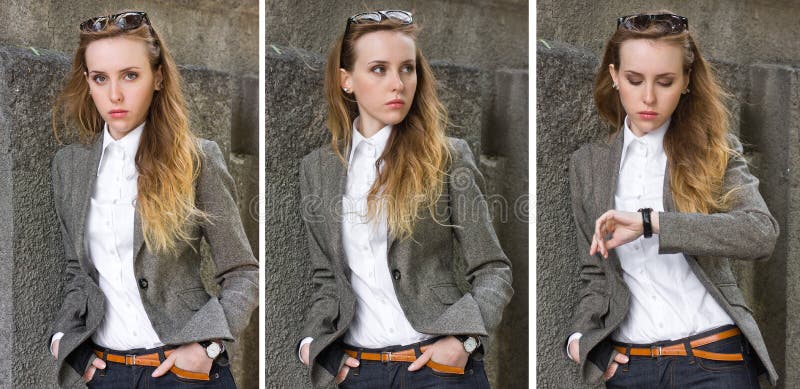 Tríptico de la mujer joven de los retratos cerca de la pared imagen de archivo libre de regalías Tríptico de la mujer joven de los retratos cerca de la pared imagen de archivo libre de regalías