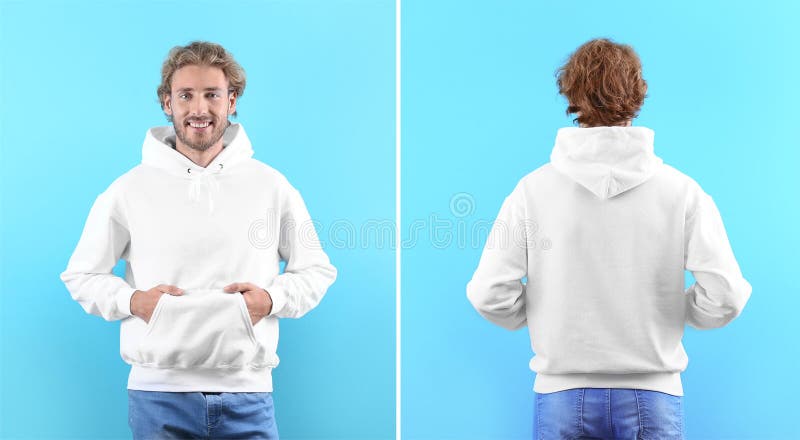 Tröja för manblankohoodie på färgbakgrunds-, framdel- och baksidasikter royaltyfri bild Tröja för manblankohoodie på färgbakgrunds-, framdel- och baksidasikter royaltyfri bild