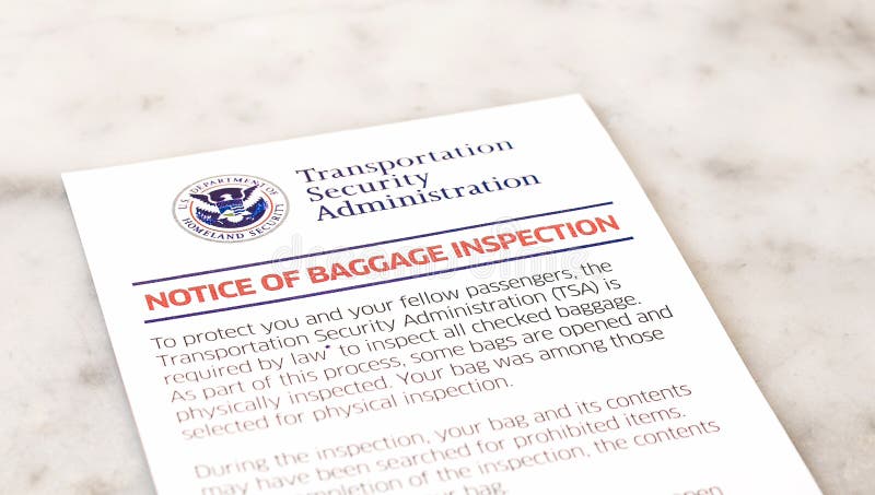 TSA notice of baggage inspection