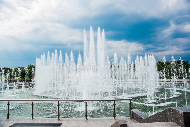 Tsaritsyno Park, summer, day. Large fountain. Moscow, Russia. A large fountain, a complex of fountains, a great place to relax