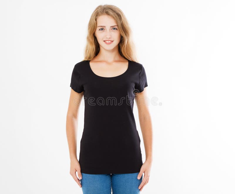 Tshirt preto, mulher do t-shirt na camisa de t isolada no fundo branco, trocista acima fotos de stock royalty free Tshirt preto, mulher do t-shirt na camisa de t isolada no fundo branco, trocista acima fotos de stock royalty free