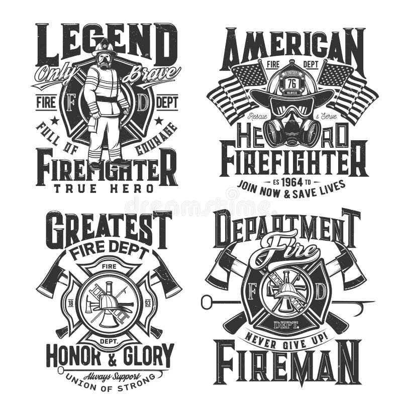 Tshirt prints with firefighter and equipment gas mask, glasses and helmet with ax. Vector emblems for apparel design. Fire department rescue team emergency service black and white t shirt labels set. Tshirt prints with firefighter and equipment gas mask, glasses and helmet with ax. Vector emblems for apparel design. Fire department rescue team emergency service black and white t shirt labels set