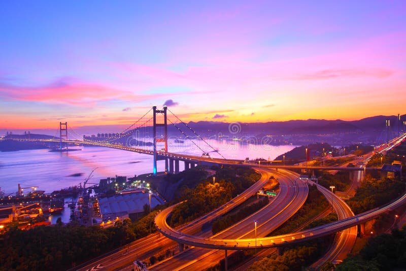 Tsing Ma Bridge at sunset moment in Hong Kong