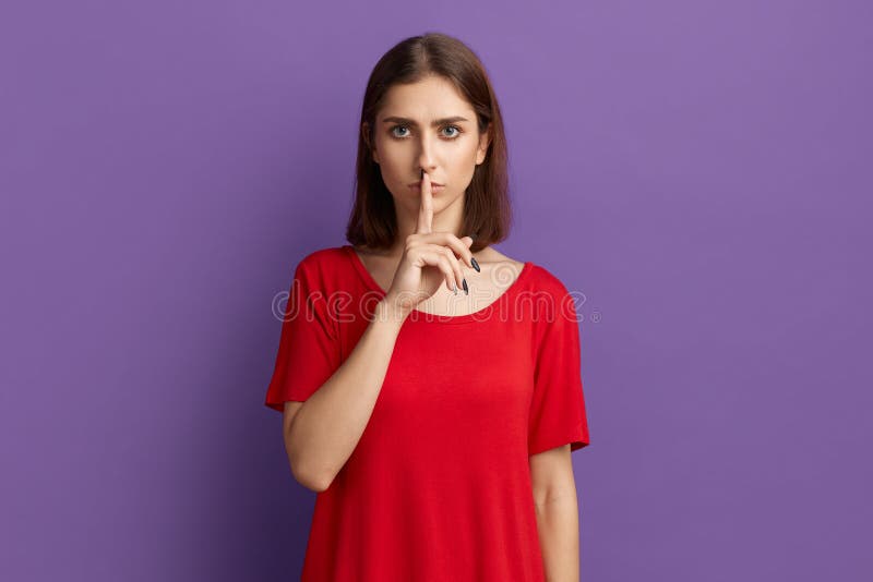 Tss Be Quiet Please Angry Young Pretty Brunette Girl In Red T Shirt