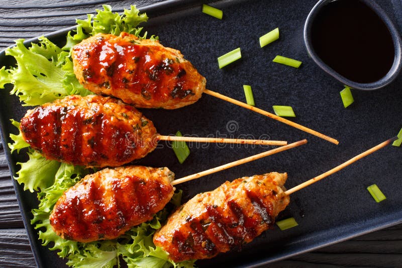 Tsukune is de Japanse ballen van het kippenvlees met een soort Teriyaki-sausclose-up horizontale hoogste mening royalty-vrije stock foto Tsukune is de Japanse ballen van het kippenvlees met een soort Teriyaki-sausclose-up horizontale hoogste mening royalty-vrije stock foto