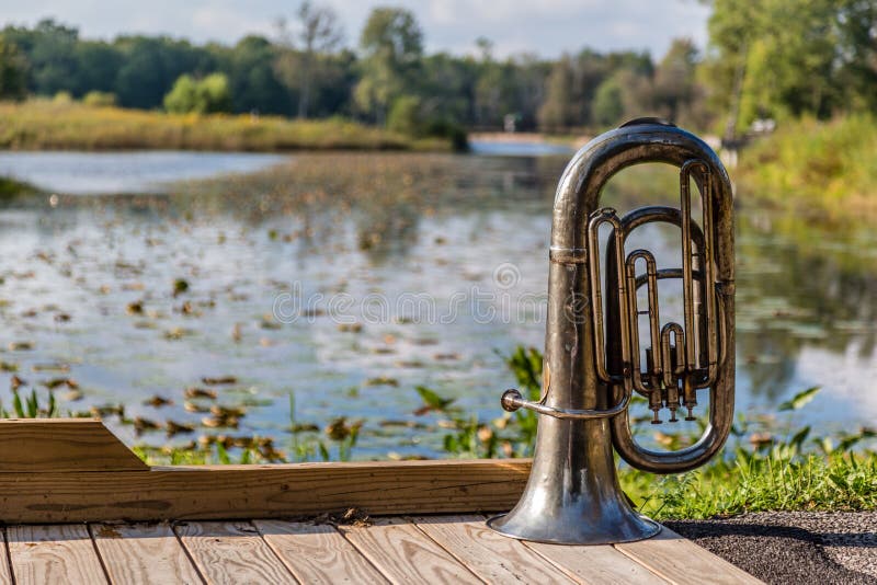 A tarnished antique tuba sits in front of a wetland. A tarnished antique tuba sits in front of a wetland