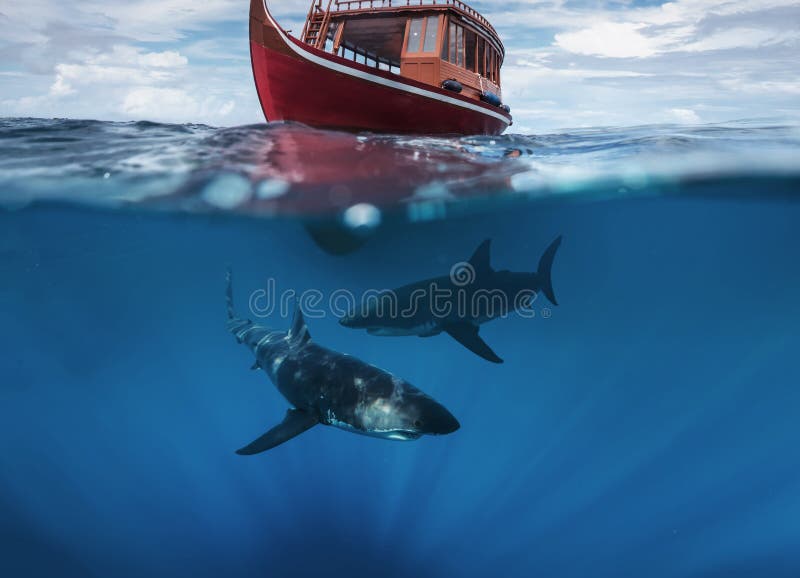 Tubarões sob o barco no oceano