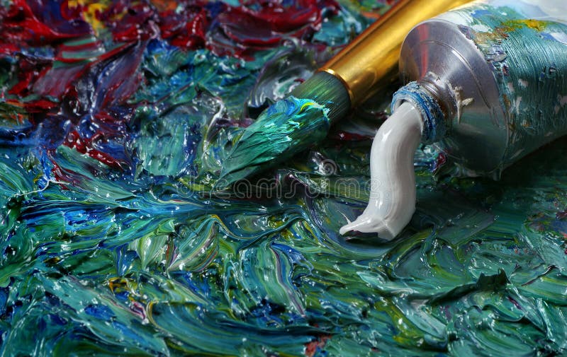 Colourful Artists Oil Paint Palette On White Stock Photo