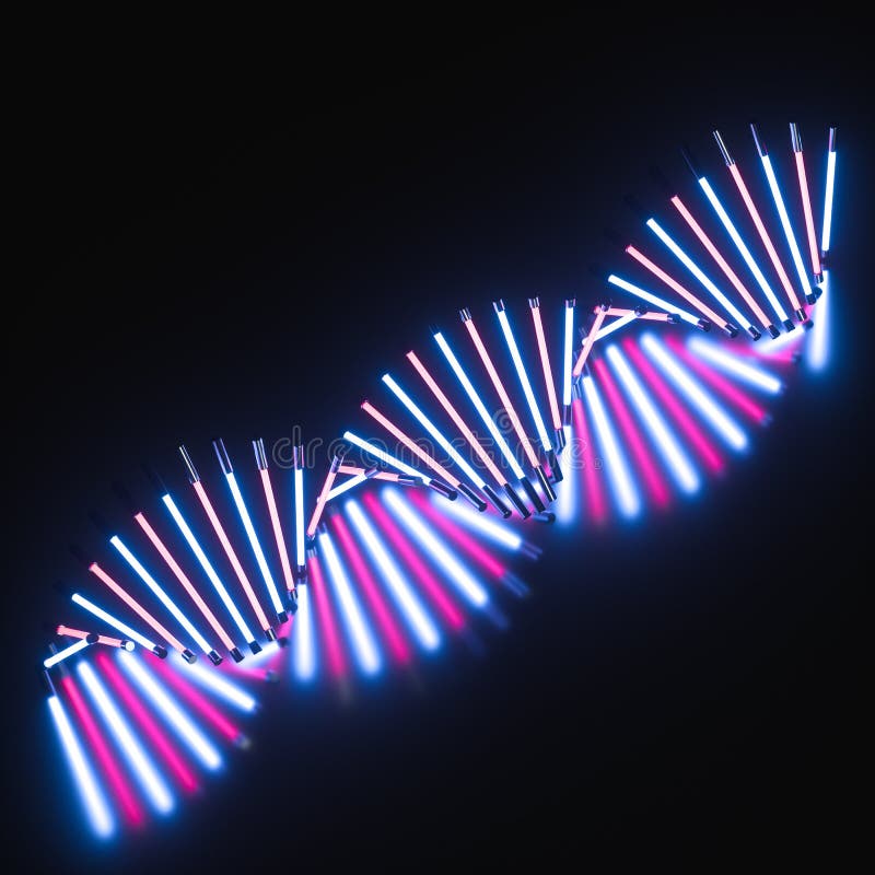 Tubi di neon e forma di DNA, rendering 3d illustrazione di stock