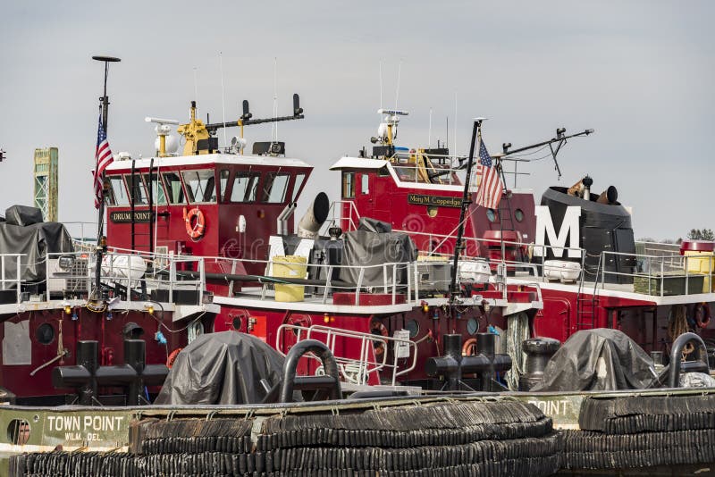 Tugboats in Portsmouth harbor, small town in NH, USA