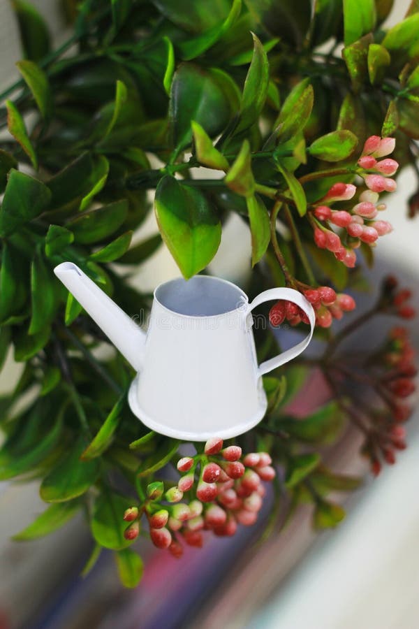 Tuin miniatuur witte gieter op de achtergrond van struiken stock afbeelding Tuin miniatuur witte gieter op de achtergrond van struiken stock afbeelding
